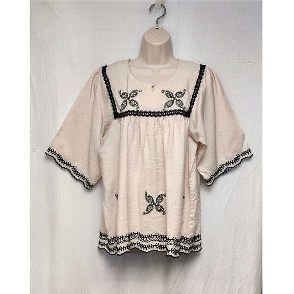 Ad:Hoc Le Collezioni Embroidered Square Neck Beige/Black 3/4 Sleeve Floral Sz L - Picture 2 of 9